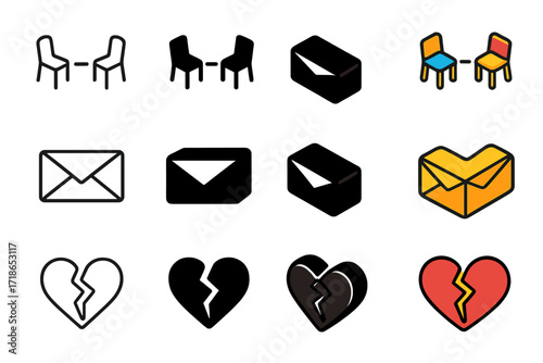 Emotional Silence Icons. Icon Set of Emotional Silence: Two chairs apart, Closed envelope, Shattered heart. Icons set in vector style, emblematic variations.