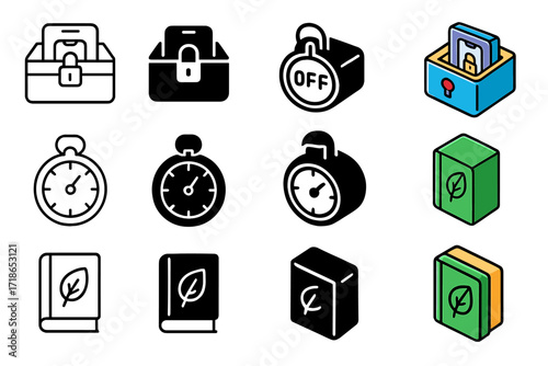 Digital Detox Icons. Icon Set of Digital Detox: Phone Lock Box, Offline Timer, Nature Book. Icons set in vector style, emblematic variations. Phone Lock Box