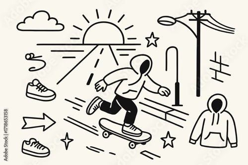 Sunset Skateboard Adventure. Hand-drawn doodle illustration Sunset ride on empty streets skateboard, sun, power line, street icon,