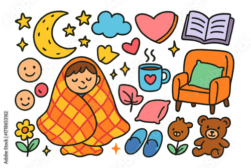 Cozy Evening Doodle. Colorful Hand-drawn doodle Children illustration Relaxing Evening blanket, chair, book, mug, candle, moon, stars, cloud, pillow, heart,