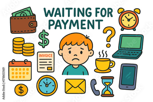 Waiting for Payment Doodle. Waiting for Payment. Colorful Hand-drawn doodle Children illustration wallet, dollar sign, laptop, clock, calendar, sad face, coin