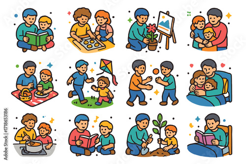 Parent-Child Activity Icons. Parent-Child Bonding. Colorful isometric vector icons set of parent-child bonding: reading storybook, baking cookies, gardening