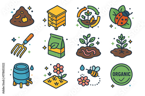 Organic Farming Icons. Colorful isometric vector icons set of Organic farming: compost pile, bee hive box, rotating crop diagram,