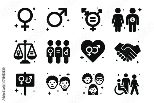 Icons of Gender Equality. Gender Equality. Solid icons set of female symbol, male symbol, gender-neutral symbol, equal pay, diverse workplace, balance scale,