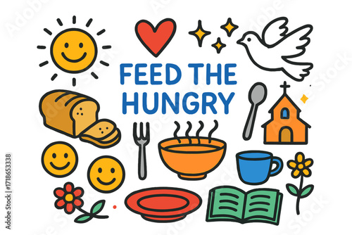 Feeding the Hungry Doodles. Colorful Hand-drawn doodle Children illustration Feeding the Hungry loaf of bread, bowl of soup, spoon