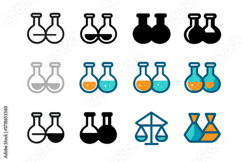 Twin Flasks Logo. Set Logo of Flasks: Twin flasks in balance. Logo set in vector style, emblematic variations. line, bold thick line, solid black filled, solid
