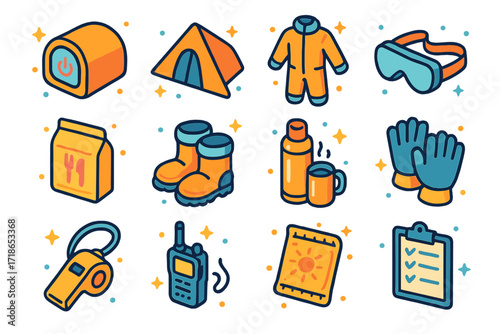 Cold Climate Survival Icons. Colorful isometric vector icons set of Worker life in extreme cold: heated sleeping pod, emergency