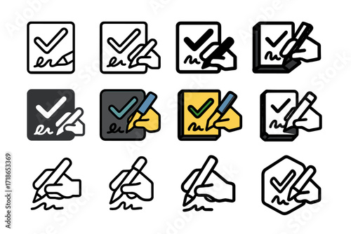Court Reporting Logos. Set Logo of Court reporters and legal assistants documenting hearings: Signature verification icon. Logo set in vector style, emblematic