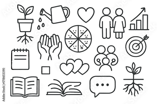 Relationship Growth Icons. Hand-drawn doodle illustration relationship growth and awareness plant icon, watering can, heart icon, couple symbol, progress