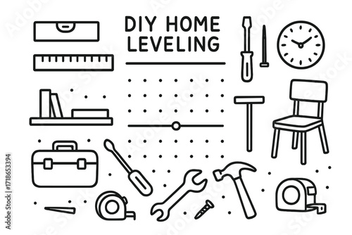 DIY Tools Doodles. Hand-drawn doodle illustration DIY home leveling [bubble level, ruler, pencil, screwdriver, nail, screw, hammer