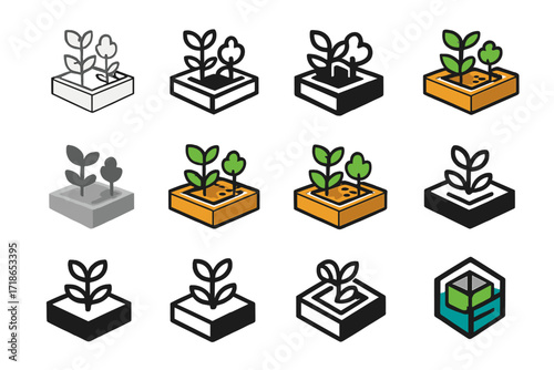 Urban Garden Logo Set. Set Logo of Urban Green Spaces: Community Garden Plot with Plants. Logo set in vector style, emblematic variations. line, bold thick