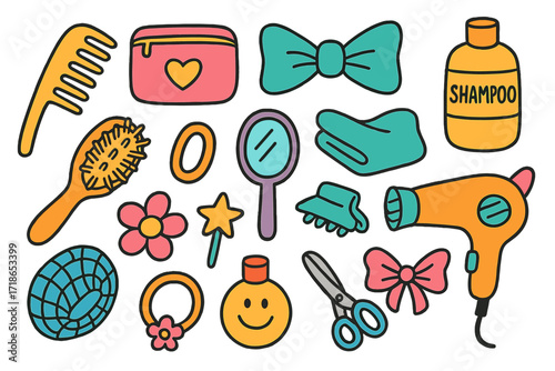 Children's Hair Care Doodles. Colorful Hand-drawn doodle Children illustration Hair care kit comb, brush, case, bow, shampoo,