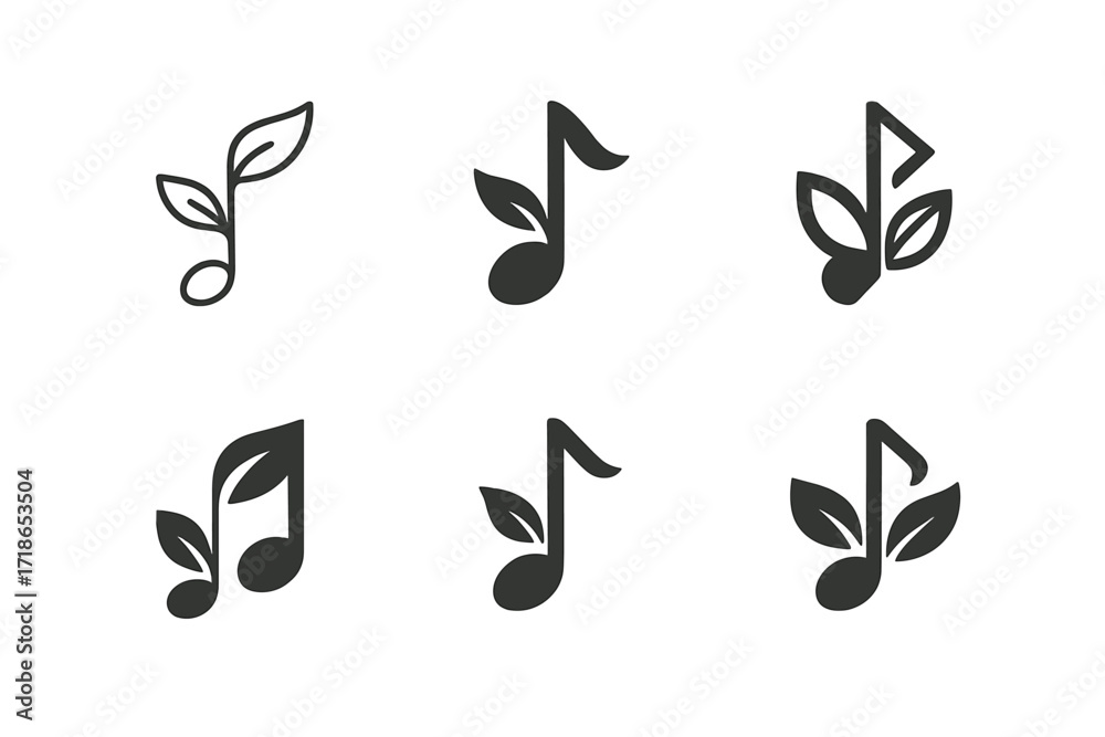 Fototapeta premium Relaxing Music Logos. relaxing music. Set Logo of relaxing music: musical note with leaves. harmonious logo variations of the same emblematic concept, each
