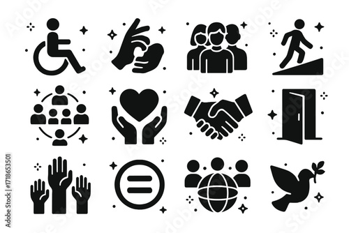 Inclusion Icons Set. Inclusion. Solid icons set of wheelchair symbol, sign language hand, diverse people, accessible ramp, inclusive circle, support heart,