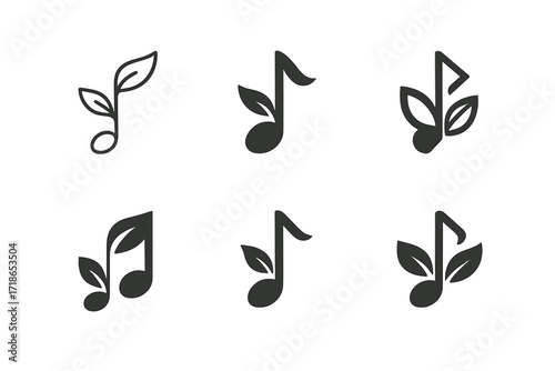 Relaxing Music Logos. relaxing music. Set Logo of relaxing music: musical note with leaves. harmonious logo variations of the same emblematic concept, each