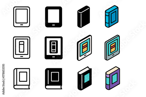 Digital Book Spine Icons. Icon Set of Digital and Hybrid Book Spines: E-book reader spine, Simulated spine on screen, Hybrid print-digital spine. Icons set in