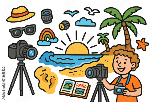 Sunrise Photo Doodle. Colorful Hand-drawn doodle Children illustration Sunrise photography session camera, tripod, lens, sunrise sky, palm tree, ocean wave,