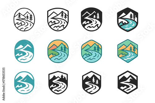 River Rafting Logos. Set Logo of river rafting adventure: river with curves and rapids. Logo set in vector style, emblematic variations. line, bold thick line,