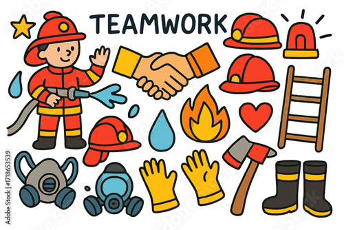 Firefighting Teamwork Doodles. Teamwork. Colorful Hand-drawn doodle Children illustration firefighters, handshake, helmet, hose, flame, water droplet, ladder,