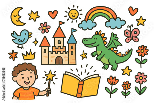 Imaginative Doodle Wonderland. Colorful Hand-drawn doodle Children illustration Imaginative Tales castle, dragon, rainbow, sparkling book, crown, heart, star,