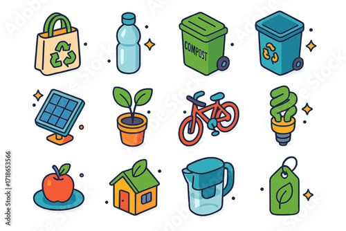 Green Living Icons. Green Living. Colorful isometric vector icons set of Green Living: eco bag, reusable bottle, compost bin, recycling bin, solar panel,