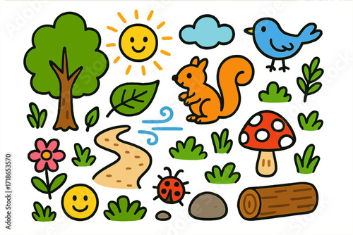 Doodle Forest Adventure. Colorful Hand-drawn doodle Children illustration Mini urban forest tree, leaf, squirrel, grass, flower, bird, mushroom, path, sun,