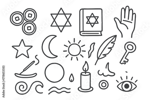 I Ching Symbols. Hand-drawn doodle illustration i ching divination coins, hexagram, book, hand, star, moon, sun, feather, incense stick, circle, candle, key,