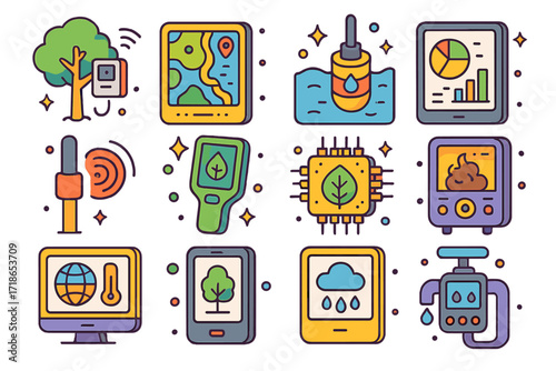 Environmental Data Icon Set. Colorful isometric vector icons set of environmental data platforms: connected tree sensor, pollution