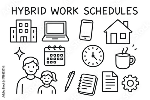 Hybrid Work Doodles. Hand-drawn doodle illustration Hybrid work schedules [office building, house, laptop, smartphone, calendar, clock, parent figure, child