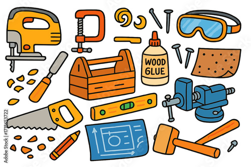 Colorful Woodworking Tools. Colorful Hand-drawn doodle Children illustration Woodworking tools jigsaw, clamp, chisel, sawdust, hammer, toolbox, wood glue,