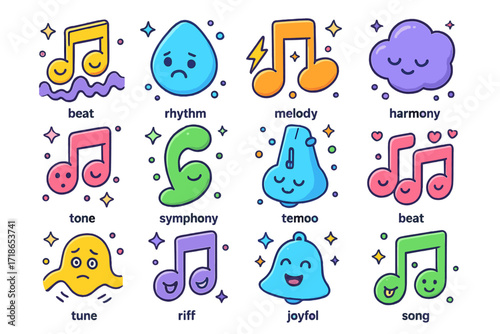 Playful Sound Icons. Colorful isometric vector icons set of sound emotions in playful tones: happy beat icon, sad rhythm,