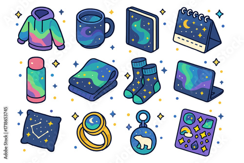 Aurora Themed Icons. Colorful isometric vector icons set of aurora-inspired lifestyle items: aurora-patterned hoodie, galaxy mug,