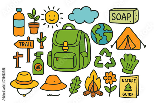 Eco-Friendly Backpacking Doodles. Colorful Hand-drawn doodle Children illustration Eco-Friendly Backpacking reusable bottle, plant, sun, cloud, earth, green
