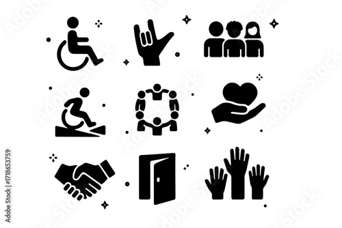 Inclusive Icons Grid. Inclusion. Solid icons set of wheelchair symbol, sign language hand, diverse people, accessible ramp, inclusive circle, support heart,