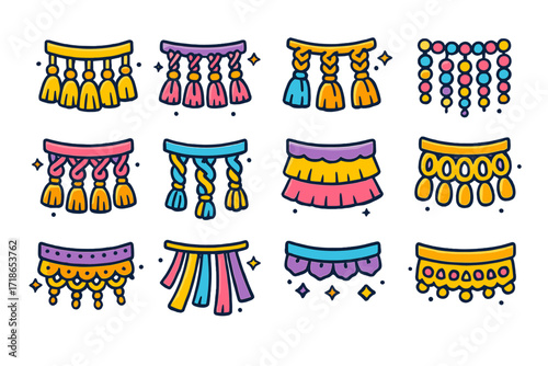 Colorful Fringe Icons. Fringe Styles. Colorful isometric vector icons set of Fringe Styles: tassel fringe, knotted fringe, braided fringe, beaded fringe,