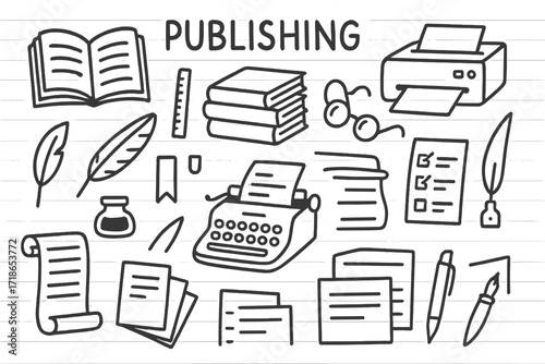 Publishing Tools Doodle. Publishing. Hand-drawn doodle illustration open book, stack of books, printer, typewriter, scroll, ink pen, paper sheets, ruler,