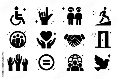 Inclusion Iconography. Inclusion. Solid icons set of wheelchair symbol, sign language hand, diverse people, accessible ramp, inclusive circle, support heart,