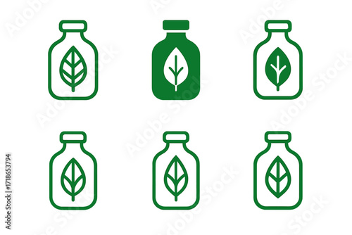 Plastic-Free Logo Variations. Plastic-free lifestyle. Set Logo of Plastic-free lifestyle: glass bottle with eco symbol. harmonious logo variations of the same
