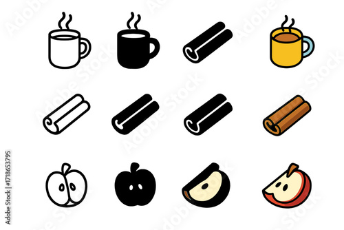 Cozy Cider Icons. Icon Set of Cozy Cider Moments: Mug of warm cider, Cinnamon stick, Apple slice. Icons set in vector style,