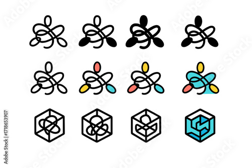 Tangle Logo Variations. Set Logo of Tangle: Christmas lights string. Logo set in vector style, emblematic variations. line, bold thick line, solid black