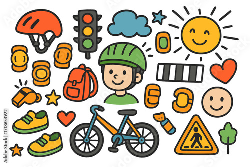 Bike Safety Doodle. Colorful Hand-drawn doodle Children illustration bike safety helmet, knee pads, elbow pads, traffic light,