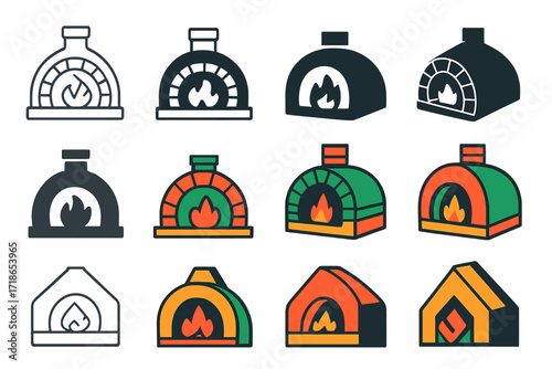 Italian Pizza Oven Logos. Set Logo of Food culture and traditions: Italian wood-fired pizza oven. Logo set in vector style, emblematic variations. line, bold