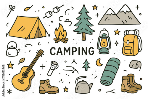 Colorful Camping Essentials. Camping. Hand-drawn doodle illustration camping tent colored, campfire, marshmallows on sticks colored, lantern, pine tree,