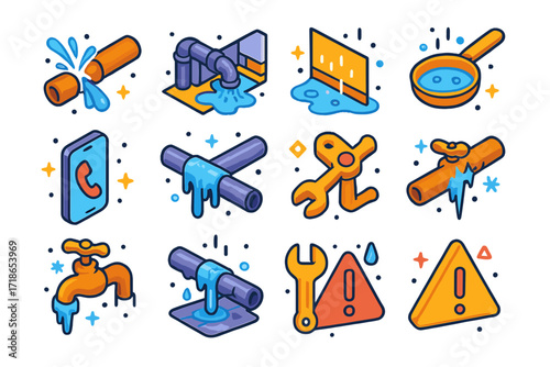 Winter Plumbing Icons. Colorful isometric vector icons set of winter plumbing emergencies: water spraying from pipe, burst basement pipe, flooding floor, pan