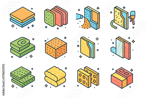 Colorful Insulation Icons. Colorful isometric vector icons set of wall insulation: foam board layers, fiberglass batts, cellulose