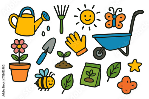 Colorful Garden Tools. Garden tools. Colorful Hand-drawn doodle Children illustration watering can, rake, shovel, gloves, wheelbarrow, flower, pot, sprout,