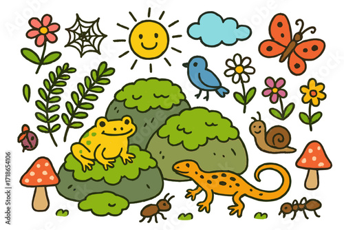 Nature's Playful Doodle. Colorful Hand-drawn doodle Children illustration Moss on Rocks moss-covered stones, fern, snail, frog, lizard, butterfly, flowers,