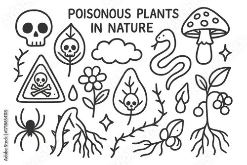 Poisonous Plant Doodles. Hand-drawn doodle illustration Poisonous plants in nature [skull, toxic leaf, thorny stem, mushroom,