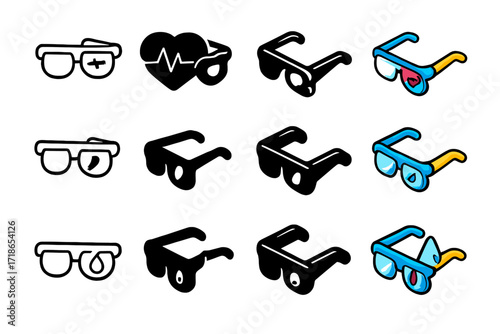 Health Data Icons. Icon Set of Smart glasses health data: heart rate overlay, step counter, hydration alert. Icons set in vector style, emblematic variations.