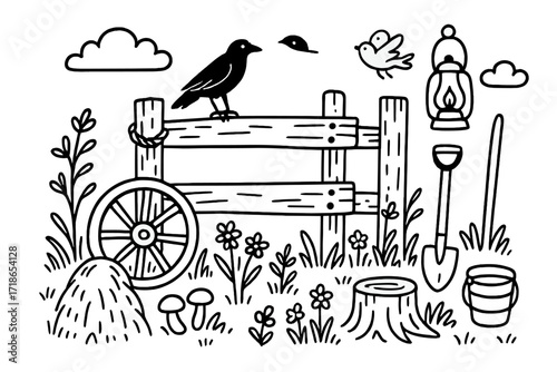 Countryside Fence Doodles. Countryside Fence. Hand-drawn doodle illustration countryside fence old planks, rope, wagon wheel, crow, lantern, shovel, mushrooms,